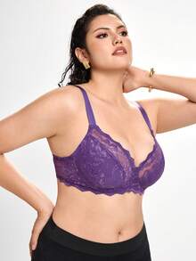 Slumbrini 1件大码女士蕾丝拼接舒适钢圈文胸 - 紫色 - 查看 4