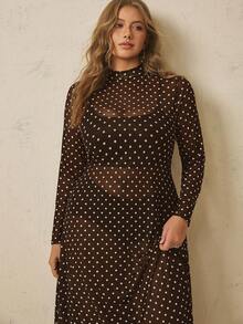 Freevana Plus Size Elegant Polka Dot Dress Fall - Brown - View 7