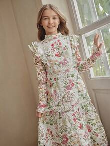 Anewsta Summer Girls' Water Print A-Line Ruffle Hem Light Formal Dress For Middle And Older Children - Pink - View 2
