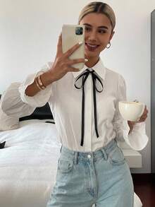 FRIFUL Women's Spring/Summer 100% Cotton Contrast Color Drawstring Long Sleeve Loose Casual Versatile Shirt - White - View 9