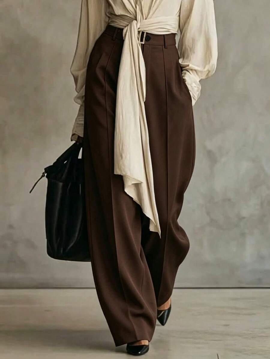 Franclia Pantalones casuales anchos de mujer con diseño de rayas de unicolor, adecuados para el uso diario - Marrón - Ver 1