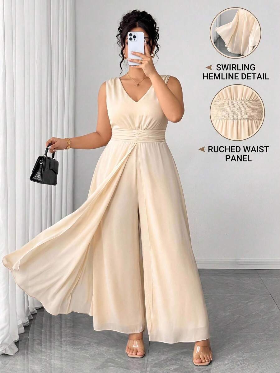 Elenzga Women's Plus Size Elegant Cinched Waist Jumpsuit - Apricot - View 1
