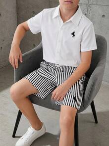 Teen Boy White Short Sleeve Shirt & Striped Shorts Set For Daily Wear, Outdoors, Commuting, Trips, Holidays, Travel, Weddings & Back To School - Black and White - View 4