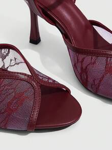 CUCCOO SZL Burgundy Lace Mesh Buckle Strap Sandals, Women's Gentle Open-Toed Stiletto Sandals - Burgundy - View 5