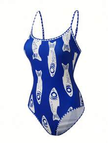 Swim Mod 夏季新款欧美风性感高衩连体泳衣，红色撞色鱼纹印花，挂脖式，荷叶边装饰，带胸垫，可调节肩带，修身剪裁，适合海滩、泳池派对、生日等场合。 - 寶藍色 - 查看 4