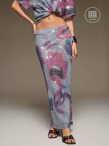 BAD SUNDAY Women's Long Skirt With Sequin Pattern, All Season, Y2K Millennium Style, Cool, Vacation Streetwear - Multicolor - View 4