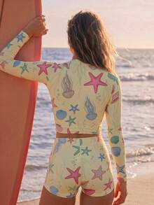 Swim SPRTY 2件組 春夏新款 多彩隨機印花貝殼與海星長袖比基尼套裝 女款沙灘泳衣 - 彩色 - 查看 2