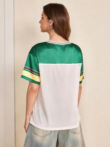 LOONEY TUNES X SHEIN Women's Cartoon Pattern Striped Print Contrast Color Short Sleeve T-Shirt - Apricot - View 2