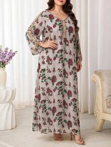 Al Najma 大尺碼女款刺繡花卉印花時尚阿拉伯傳統長洋裝 - 彩色 - 查看 5