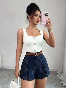 Elenzga Summer New Daily Versatile Set Square Neck Ribbed Tank Top Ribbed High Waist Slimming Shorts Women 2pcs Set - Multicolor - View 2