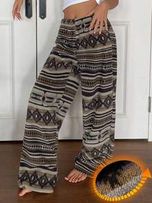 Livesso Women's Striped Geometric Pattern Elastic Waist Pajama Pants Fall - Green - View 1