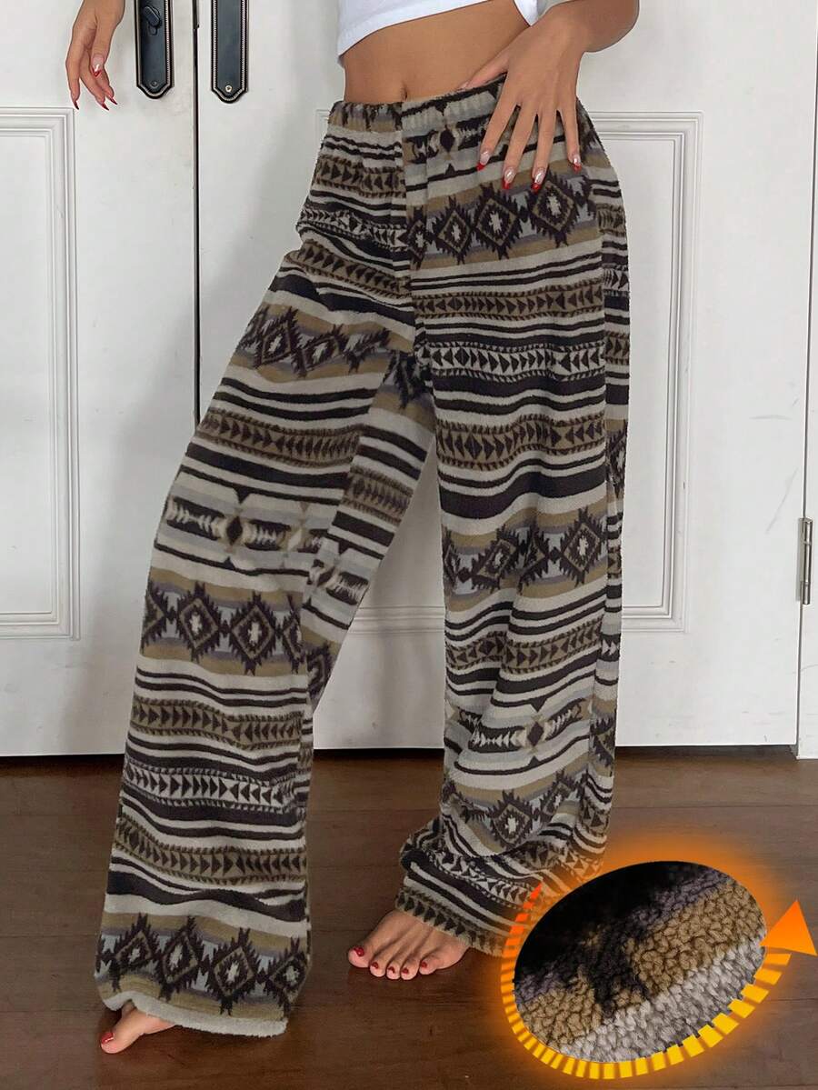 Livesso Women's Striped Geometric Pattern Elastic Waist Pajama Pants Fall - Green - View 1
