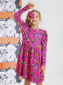 GARFIELD | SHEIN 少女卡通印花粉色公主风甜美可爱连衣裙搭配斜挎包 - 玫紅色 - 查看 5