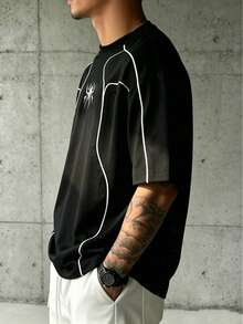 Sport MetroGents Men's Plus Size Spider Pattern Striped Print Colorblock Short Sleeve Sports T-Shirt - Black - View 3