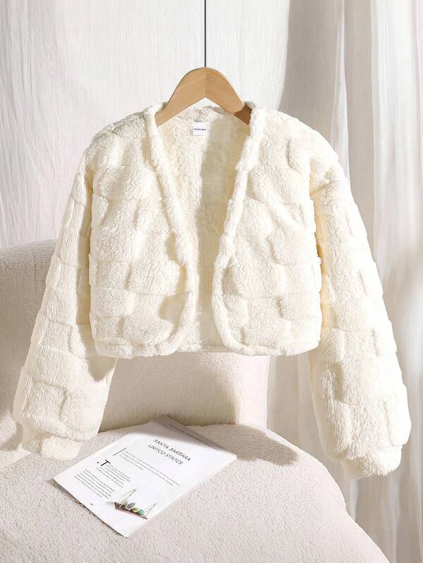 Genkimix Kids Girls' Textured Jacquard Fabric Shawl Jacket Plush Fall Winter New Back-To-School Style Able Elegant Sophisticated Versatile Little Coat White Floral