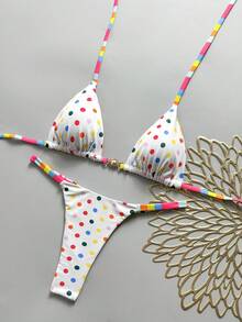 Swim Mod 女款春夏美式國旗印花露背三角比基尼套裝，抓皺T字背泳褲，2件式海灘裝，適合日 - 彩色 - 查看 4