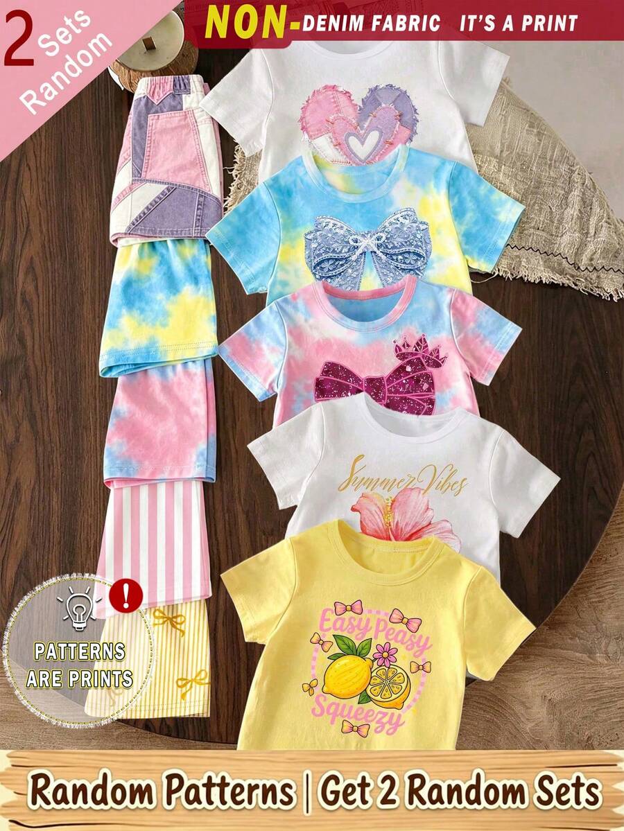 (6 Sets Aleatorios, Envío de 2 Sets) Conjunto Básico de Camiseta Corta + Shorts con Estampado de Flores Tie Dye Creativo Personalizado y Patrón de Lazo Brillante para Niña Joven de Verano - Multicolor - Ver 1