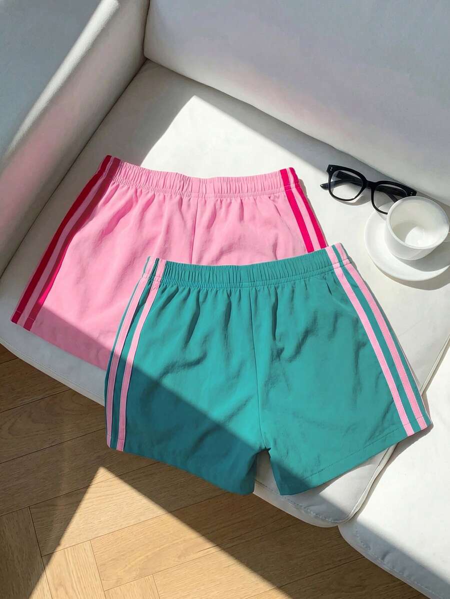 Souflis 女童夏季條紋短褲,舒適柔軟面料,休閒日常穿著,鬆緊腰帶細條紋 - 彩色 - 查看 1
