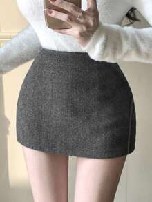 Dazy Tall Women's Solid Color Commuter School Work Short Elegant Basic Modest Skirt Autumn Gray - Grey - View 4