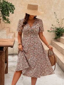 SHEIN Frenchy Đầm ngắn tay mùa hè in họa tiết toàn thân, cổ chữ V, dành cho giáo viên cỡ lớn. - Nhiều màu - Xem 8
