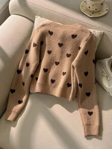 SHEIN 女童時尚簡約優雅愛心針織開襟毛衣 長袖款，適合學校、野餐、派對 - 彩色 - 查看 2