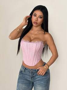 SHEIN PETITE 粉色夏季性感派對女款蕾絲束腰上衣，純色內衣上衣，適合海灘度假、夜晚外出、夜店、雞尾酒會、泳池派對與日常穿著，適合嬌小女性 - 粉色 - 查看 5