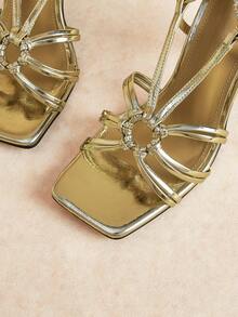 Rosivie Spring/Summer Gold Square Toe Chunky Heel Hollow Lace-Up French Style High Heel Sandals Roman Shoes - Light gold - View 3