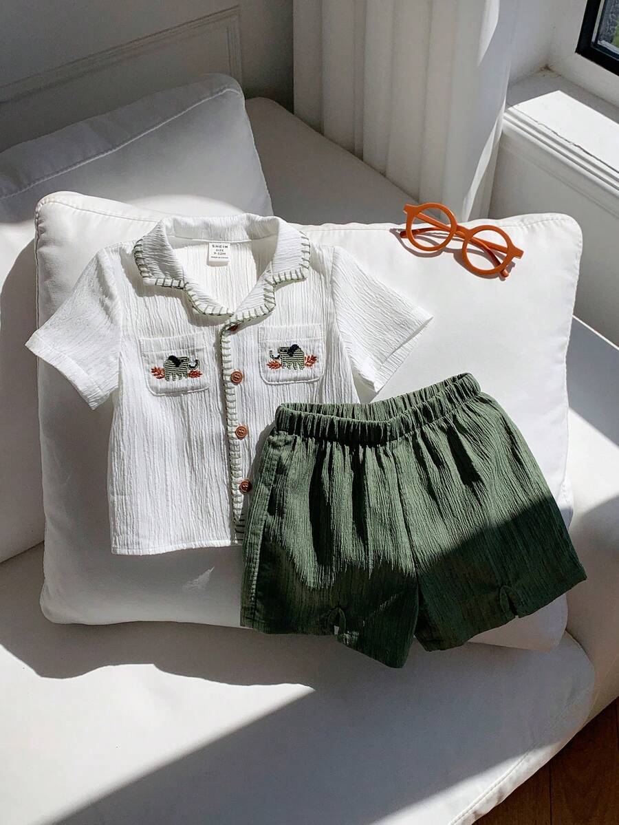 SHEIN 中性嬰兒男/女嬰 2件組 春夏休閒可愛大象刺繡度假風短袖上衣與短褲套裝,男嬰套裝,男嬰夏季衣著,柔軟,復古 - 薄荷綠 - 查看 1