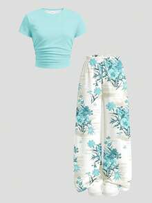 Tween Girl Solid Color Round Neck Short Sleeve T-Shirt And Floral Print Long Pants Knit Two Pieces Set Casual Daily Fashion Versatile - White - View 2