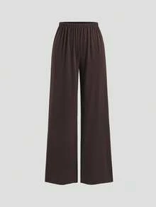 Sweetra Women's 2 Pieces Set Summer Fashion Niche Design Tie-Knot Square Neck Short Sleeve Knit Top Casual Wide Leg Straight Long Pants Lounge Dark Brown - Brown - View 4
