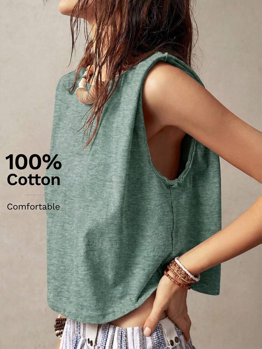Bohemela Áo tank top không tay cổ tròn dành cho nữ đi nghỉ mát - Màu xanh lá cây đậm - Xem 1