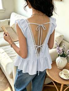 Cévolie Women's Summer Square Neck Lace Patchwork Backless Tie Double Layer Sleeve Blue And White Stripe Crinkled Fabric Blouse Country French Romantic Brunch - Multicolor - View 1