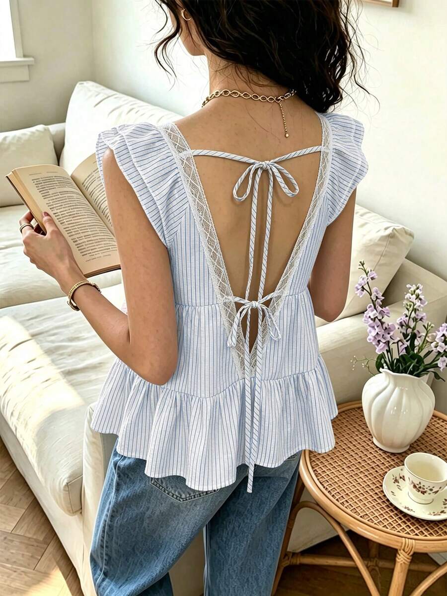 Cévolie Women's Summer Square Neck Lace Patchwork Backless Tie Double Layer Sleeve Blue And White Stripe Crinkled Fabric Blouse Country French Romantic Brunch - Multicolor - View 1