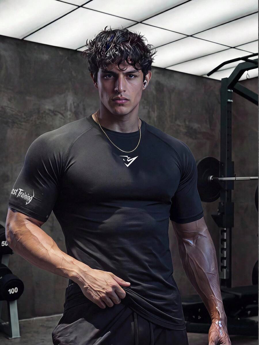 GymBeat 男士字母印花修身百搭休閒運動T恤 - 黑色 - 查看 1