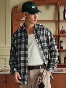 SWAVVY 1pc Ultra Loose Cotton Plaid Print Drop Shoulder Shirt - Black and White - View 1