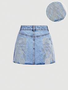 SHEIN Sweetro 夏季休閒刺繡牛仔裙 - 藍色 - 查看 1