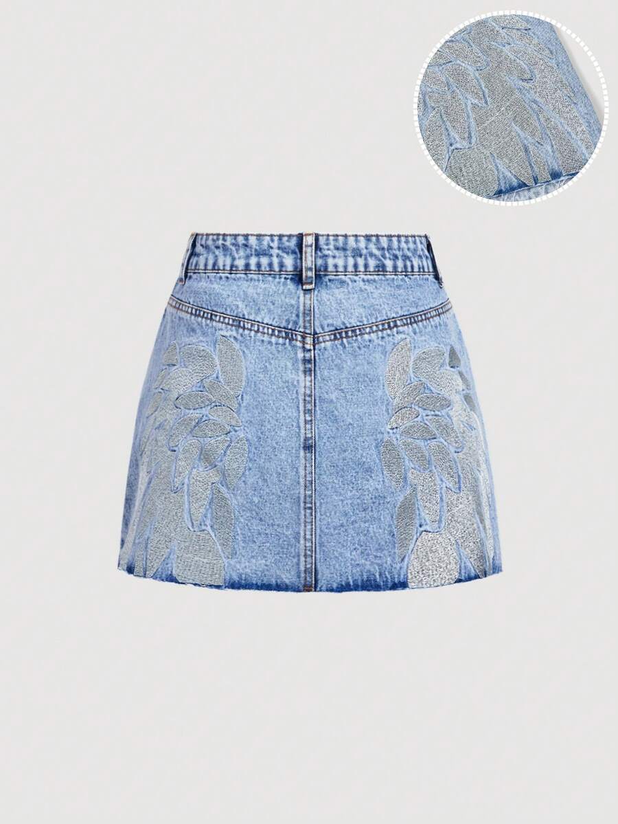 SHEIN Sweetro 夏季休閒刺繡牛仔裙 - 藍色 - 查看 1