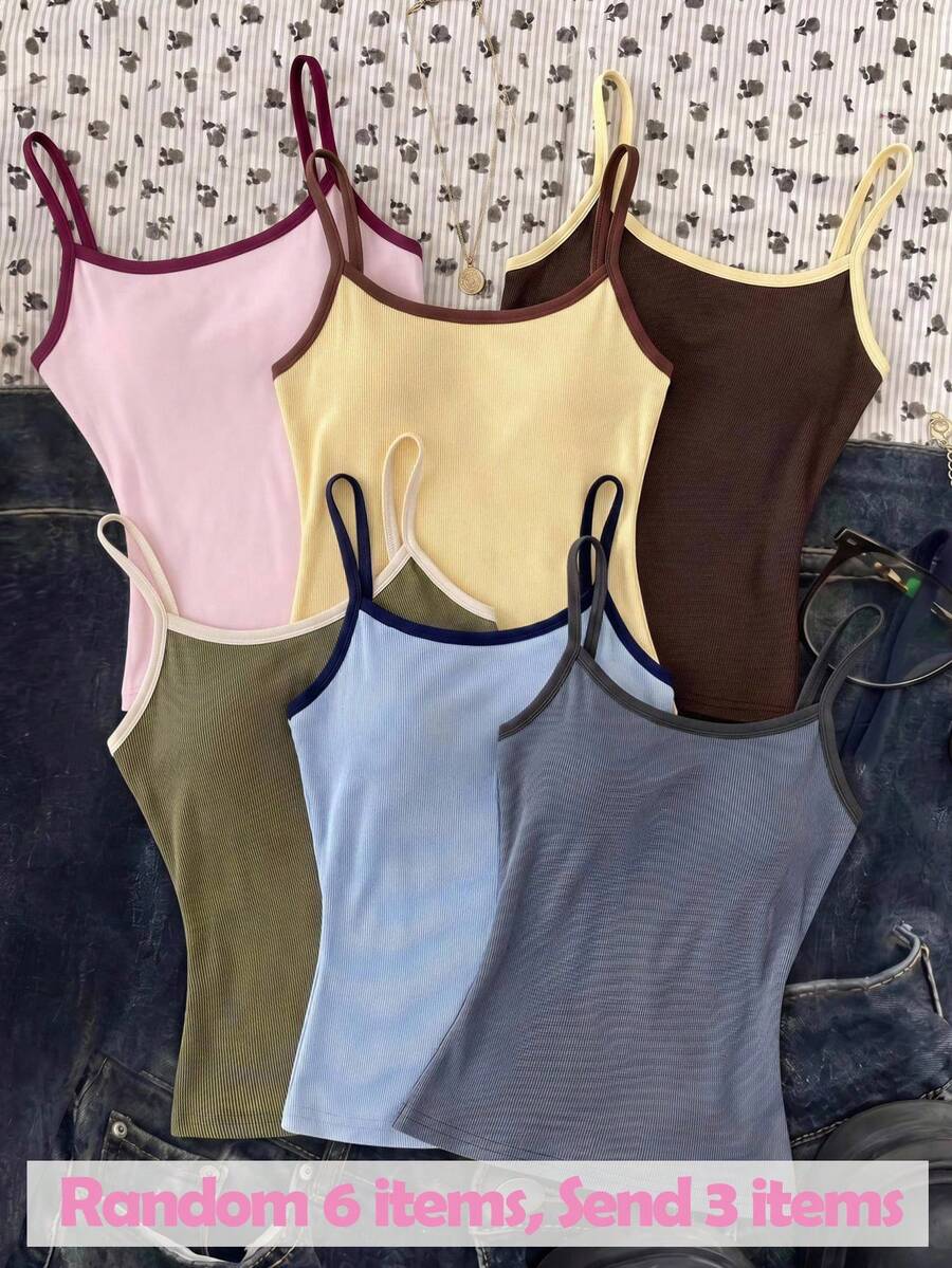 SHEIN Surprise Box[Random 6 Items,Send 3 Items], 3pcs/Set Tween Girls' Casual Comfortable Knit Patchwork Camisole Tank Tops - Multicolor - View 1