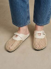 Solecia Spring And Summer New Woven Mat Mesh, Splicing With Decoration, Round Toe Design, Slip-On Heel, Comfortable And Simple Vacation, Women's Flats, A Must For Commuting, Casual And Versatile - apricot leather - View 8