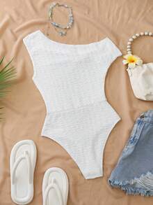 SHEIN Franclia Women's Elegant French Style Fitted Sleeveless Asymmetrical Neck Bodysuit, Spring/Summer - White - View 2