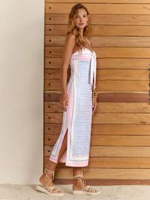 CAJUNI Women's Geometric Pattern Print Striped Color Block Tie Strap Cami Dress For Vacation Beach Vacation White And Blue Summer Tropical - Baby Pink - View 6