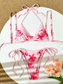 Swim Vcay 2件組女款海灘夏季穿搭，多色隨機印花肩帶上衣與比基尼泳褲，2合1泳裝套裝 - 彩色 - 查看 3