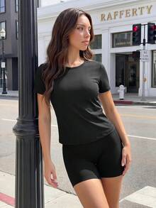 SHEIN Sports Casual Athleisure Athletic Basic Versatile Round Neck Short Sleeve Sports T-Shirt For Outdoor Gym Workout Fitness Black Summer - Black - View 8