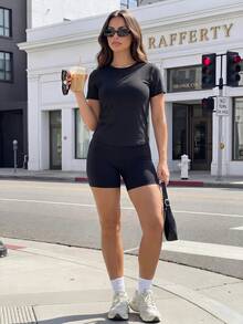 SHEIN Sports Casual Athleisure Athletic Basic Versatile Round Neck Short Sleeve Sports T-Shirt For Outdoor Gym Workout Fitness Black Summer - Black - View 6