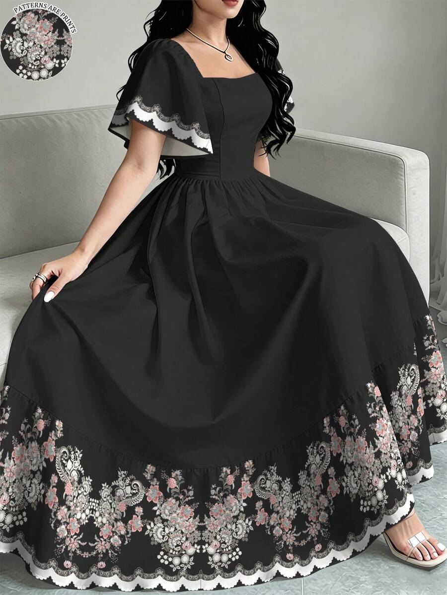 Modelyn Gaun Elegan Hitam Motif Retro Bunga, Gaun Wanita Modis dengan Leher Persegi, Desain Hem Bergelombang, Gaun Gaya Liburan Musim Panas - MultiWarna - View 1