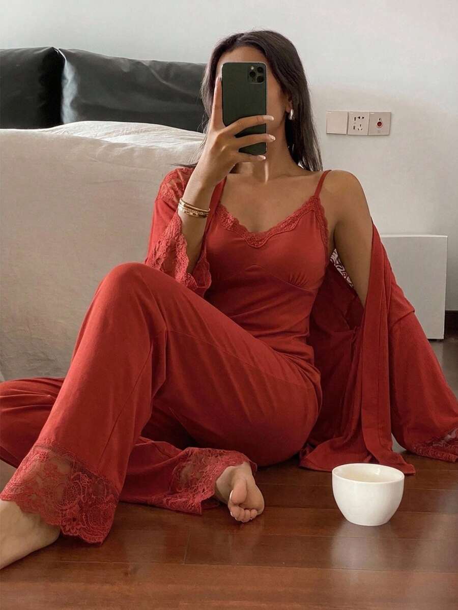 DAZY 3-Piece Women's Lace Patchwork Camisole, Robe And Long Pants Pajama Set - Orange - View 1