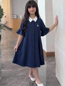 KidsTween Girl Casual Academy 7-Point Ruched Flare Long Sleeve Contrast Collar Small Logo Horse Embroidery A-Line Dress Navy Blue Deep Royal Blue Back To School Fashion Commute Street Style - Navy Blue - View 4