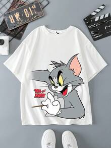TOM & JERRY X SHEIN 男士休闲卡通猫咪印花圆领短袖T恤，夏季 - 白色 - 查看 3