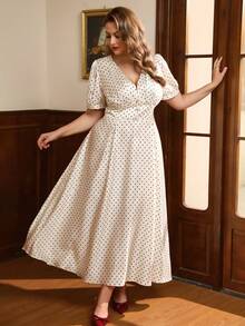 Auvina Fashionable Elegant Commuter Urban OL Style Small Polka Dot V-Neck Petal Sleeve Cinched Waist Plus Size Dress - Apricot - View 6