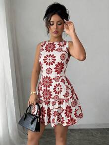 SHEIN Elenzya Bohemian Romantic Women's French Elegant Woven Floral Print Round Neck Sleeveless Waist-Cinching Mini Dress, Holiday Summer Garden Party Brunch White - Red - View 5